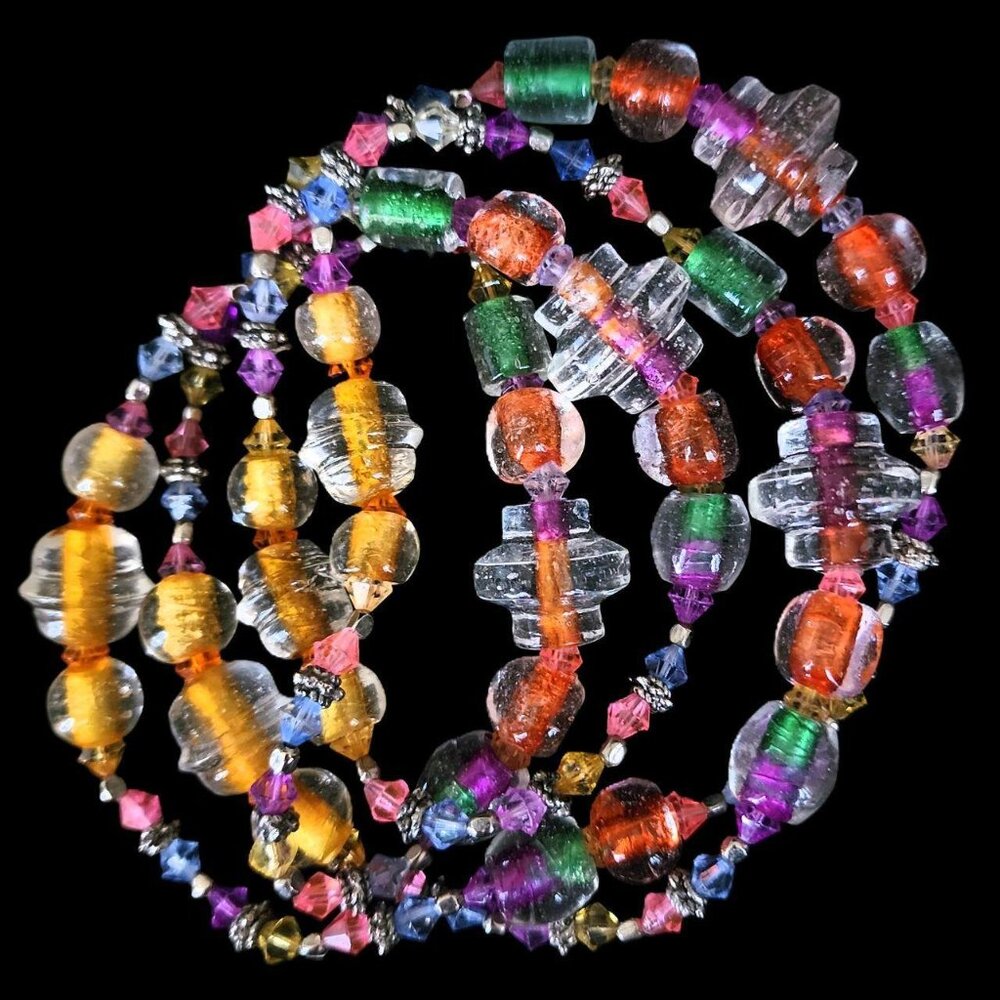 VINTAGE 80s Multi-Strand Art Glass Statement Necklace – Retro Boho Memphis Style
